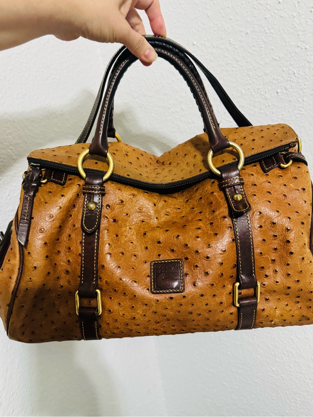 Dooney & Bourke Ostrich-Embossed Tan Duffel with Dark Brown Trim